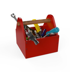 Wall Mural - Red toolbox with tools. Sckrewdriver, hammer, handsaw and wrench. Under construction, maintenance, fix, repair, premium service. High quality render, isolated.