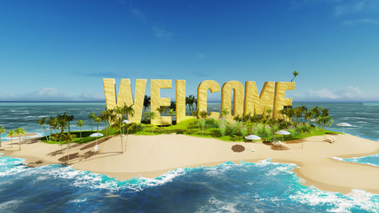 render word welcome made of sand on tropical paradise island with palm trees an sun tents. Summer vacation tour concept.