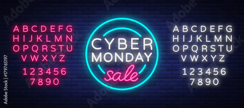 Fotografía Cyber Monday, discount sale concept illustration in neon style, online shopping and marketing concept, vector illustration