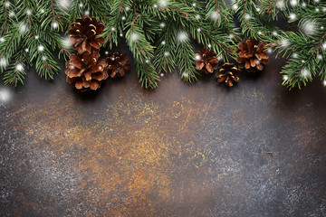 Christmas background with fir branches.Top view with copy space.