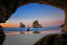 View Od The Cave Wharariki Beach Landmark Of Popular Tourist Place In South New Zealand, Tasman Sea, Nature Clean Keep Always Original With Seal Coming Home To The Cave