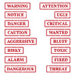 A set of rubber stamps on a themes: caution, warning, attention, danger, notice, alarm, risky etc.