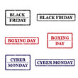 A set of rubber stamps on a themes: black friday, boxing day, cyber monday isolated on white background.