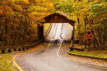 Wood Covered Bridge Surrounded By Fall Color.  