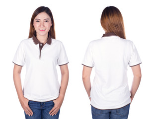 woman in white polo shirt isolated on white background