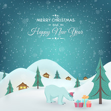 Winter Countryside Village Snow Landscape. Chalet Houses In Mountains Valley. Polar Bear Found Boxes With Gifts Presents Under Green Xmas Tree. Merry Christmas Happy New Year Greeting Card Template.