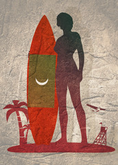 Wall Mural - woman posing with surfboard. human silhouette. vintage surfing graphic and emblem for web design or 