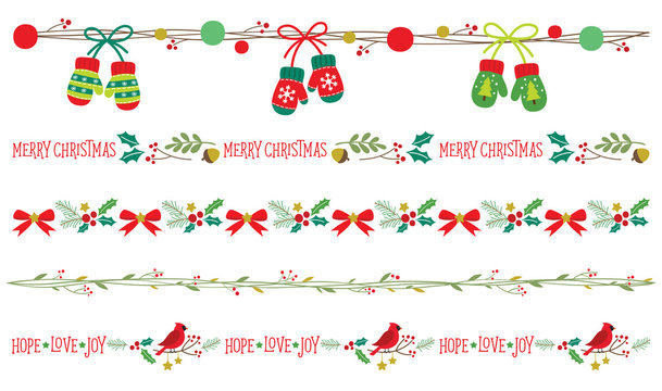 Fototapete - Seamless Christmas decorative borders vector illustration set.