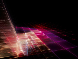 Poster - Abstract red and black background. Fractal graphics series. Three-dimensional composition of repeating grids. Information technology concept.