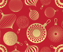 New Year Pattern. Golden Christmas Balls On Red Background. Seamless Ornament For Decor, Wallpaper, Gift Paper And Design Of New Year's Souvenirs