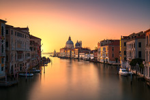 Venice Grand Canal, Santa Maria Della Salute Church Landmark At Sunrise. Italy