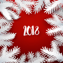 Wall Mural - Christmas and New Year red colored background with white paper fir tree branches. Holiday decoration, Vector illustration. Greeting card, web banner. Retro styled material designed applique 2018