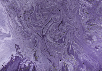  Marbled purple abstract background with golden sequins. Liquid marble ink pattern.