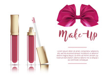 Vector Illustration Of Liquid Lipstick With Ribbon Bow. Cosmetic Make Up Banner.