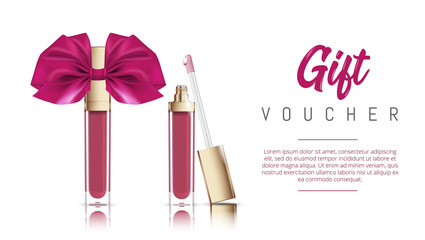 Wall Mural - Cosmetic make up gift voucher or card. Vector illustration of liquid lipstick with ribbon bow.