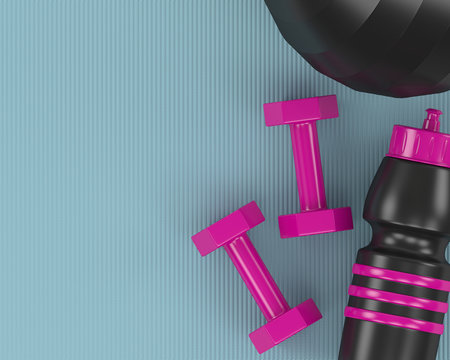 3d rendering of dumbbells, ball and gym shaker on fitness mat
