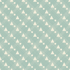 Poster - Repeated triangles and circles on green background. Simple abstract wallpaper. Seamless surface pattern design with geometric figures. Modern style digital paper, textile print, page fill. Vector art