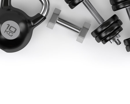 3d rendering of dumbbells and kettlebell on white desk