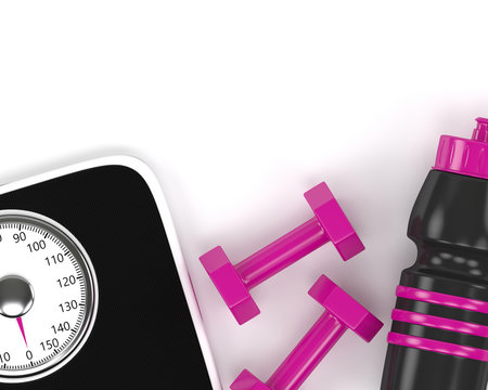 3d rendering of scale, dumbbells and gym shaker on white desk
