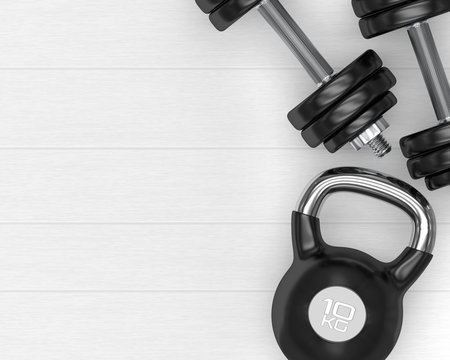3d rendering of dumbbells and kettlebell on wooden desk