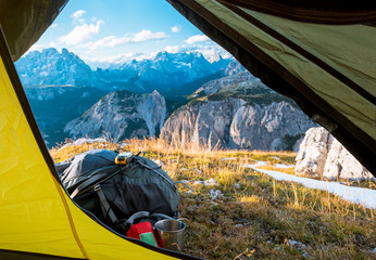 view from touristic tent to mountain valley