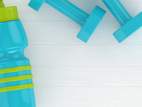 3d rendering of dumbbells and gym shaker on wooden desk