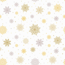 Christmas Seamless Pattern With Golden And Silver Snowflakes. Christmas Decoration Gift Wrapping Paper.