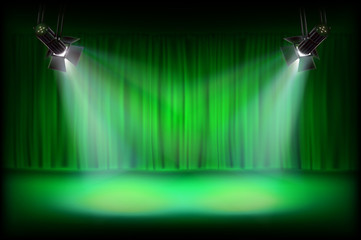 Wall Mural - The stage with green curtain. Vector illustration.