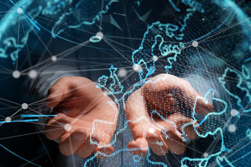 Poster - Technology network world map displayed on a futuristic interface