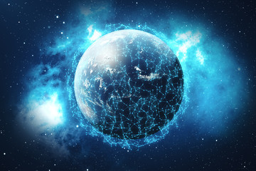 Poster - 3D rendering Network and data exchange over planet earth in space. Connection lines Around Earth Globe. Global International Connectivity. Elements of this image furnished by NASA