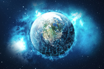 Poster - 3D rendering Network and data exchange over planet earth in space. Connection lines Around Earth Globe. Global International Connectivity. Elements of this image furnished by NASA