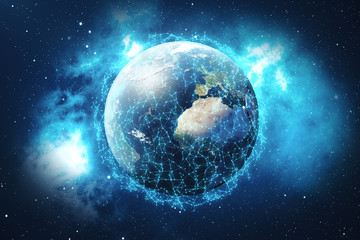 Poster - 3D rendering Network and data exchange over planet earth in space. Connection lines Around Earth Globe. Global International Connectivity. Elements of this image furnished by NASA