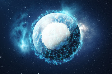 Poster - 3D Rendering Global Network and Data Exchange. Connection lines Around Earth Globe. Global International Connectivity. Elements of this image furnished by NASA.