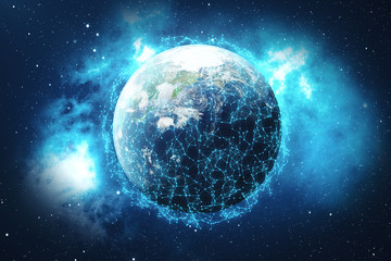 Poster - 3D Rendering Global Network Background. Connection Lines with Dots Around Earth Globe. Global International Connectivity. Earth from Space With Stars and Nebula. Elements of this image furnished by