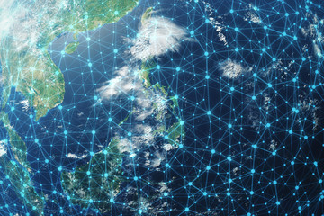 Poster - 3D rendering Network and data exchange over planet earth in space. Connection lines Around Earth Globe. Global International Connectivity, Elements of this image furnished by NASA.