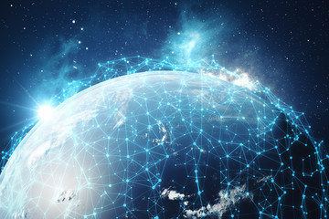 Poster - 3D rendering Network and data exchange over planet earth in space. Connection lines Around Earth Globe. Global International Connectivity, Elements of this image furnished by NASA.
