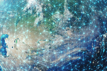 Poster - 3D Rendering Global Network Background. Connection Lines with Dots Around Earth Globe. Global International Connectivity. Earth from Space With Stars and Nebula, Elements of this image furnished by