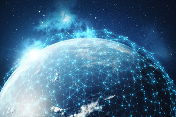Poster - 3D rendering Network and data exchange over planet earth in space. Connection lines Around Earth Globe. Global International Connectivity. Elements of this image furnished by NASA