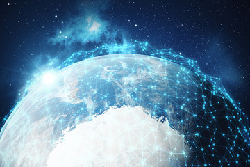 Poster - 3D rendering Network and data exchange over planet earth in space. Connection lines Around Earth Globe. Global International Connectivity. Elements of this image furnished by NASA