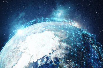 Poster - 3D Rendering Global Network and Data Exchange. Connection lines Around Earth Globe. Global International Connectivity. Elements of this image furnished by NASA