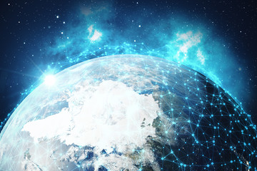 Poster - 3D Rendering Global Network and Data Exchange. Connection lines Around Earth Globe. Global International Connectivity. Elements of this image furnished by NASA