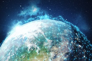 Poster - 3D Rendering Global Network and Data Exchange. Connection lines Around Earth Globe. Global International Connectivity. Elements of this image furnished by NASA