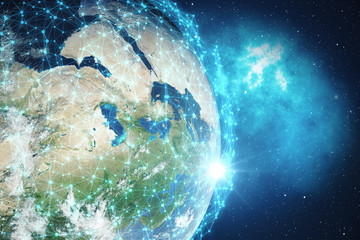 Poster - 3D Rendering Global Network and Data Exchange. Connection lines Around Earth Globe. Global International Connectivity. Elements of this image furnished by NASA