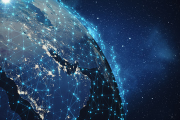 Poster - 3D Rendering Global Network Background. Connection Lines with Dots Around Earth Globe. Global International Connectivity. Earth from Space With Stars and Nebula. Elements of this image furnished by