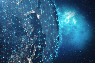 Poster - 3D Rendering Global Network Background. Connection Lines with Dots Around Earth Globe. Global International Connectivity. Earth from Space With Stars and Nebula. Elements of this image furnished by