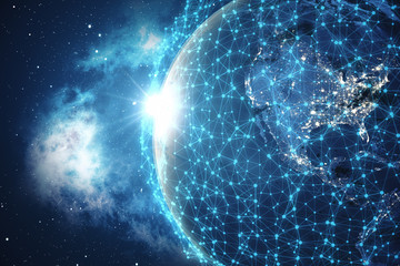 Poster - 3D Rendering Global Network Background. Connection Lines with Dots Around Earth Globe. Global International Connectivity. Earth from Space With Stars and Nebula. Elements of this image furnished by