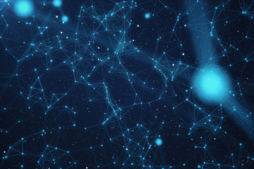 Poster - 3D Rendering Technological Connection Futuristic Shape, Blue Dot Network, Abstract Background, Blue Background With Stars and Nebula, Concept of Network.