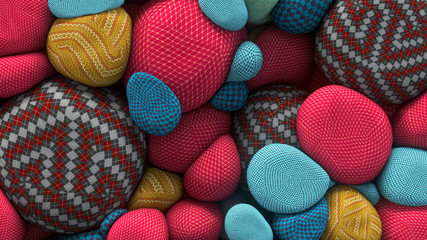 3D rendering of colored floating spheres with a knitted texture. Abstract composition