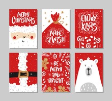 Vector Merry Christmas And Happy New Year Greeting Card Set With Calligraphy. Hand Drawn Design Elements. Handwritten Modern Lettering.