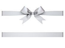 Silver Gift Ribbon Bow Isolated On White Background . 3D Rendering.